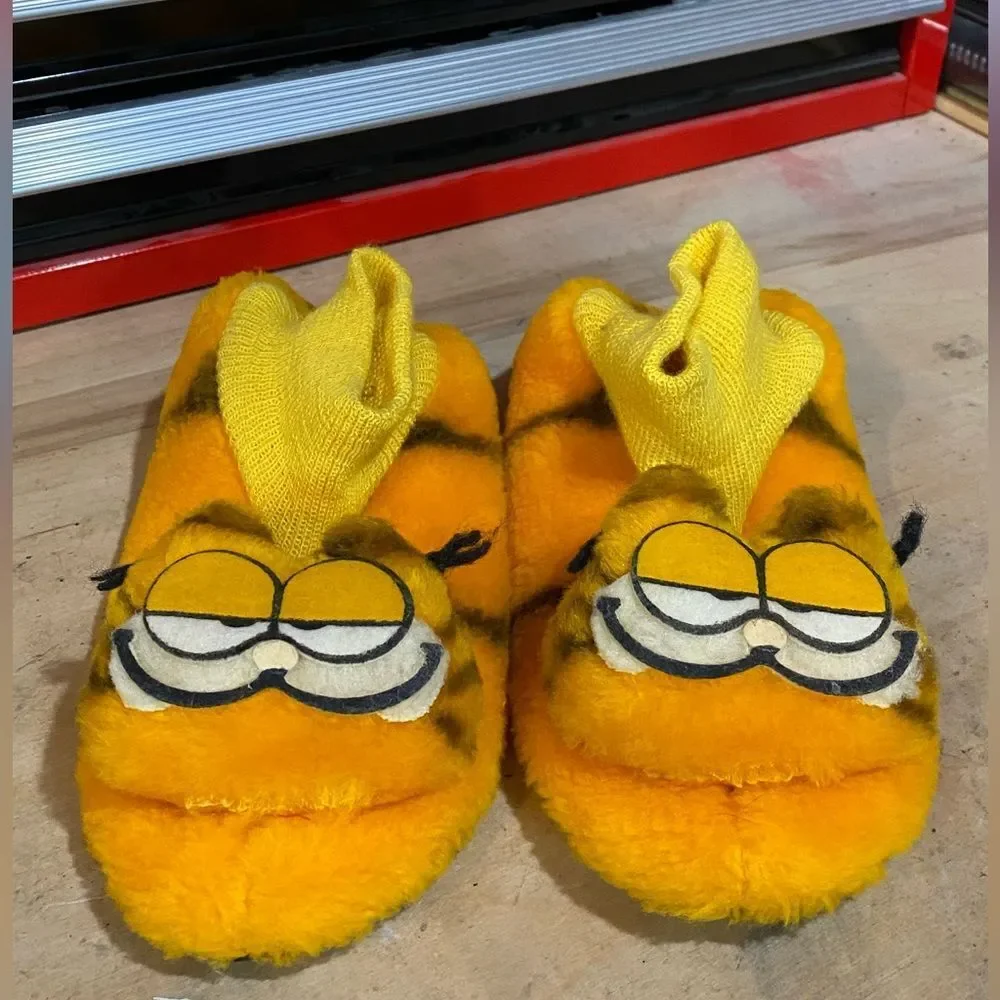 Vintage Garfield Plush House Shoes Slippers 1980s Youth Size 2-3 Cartoon Cat